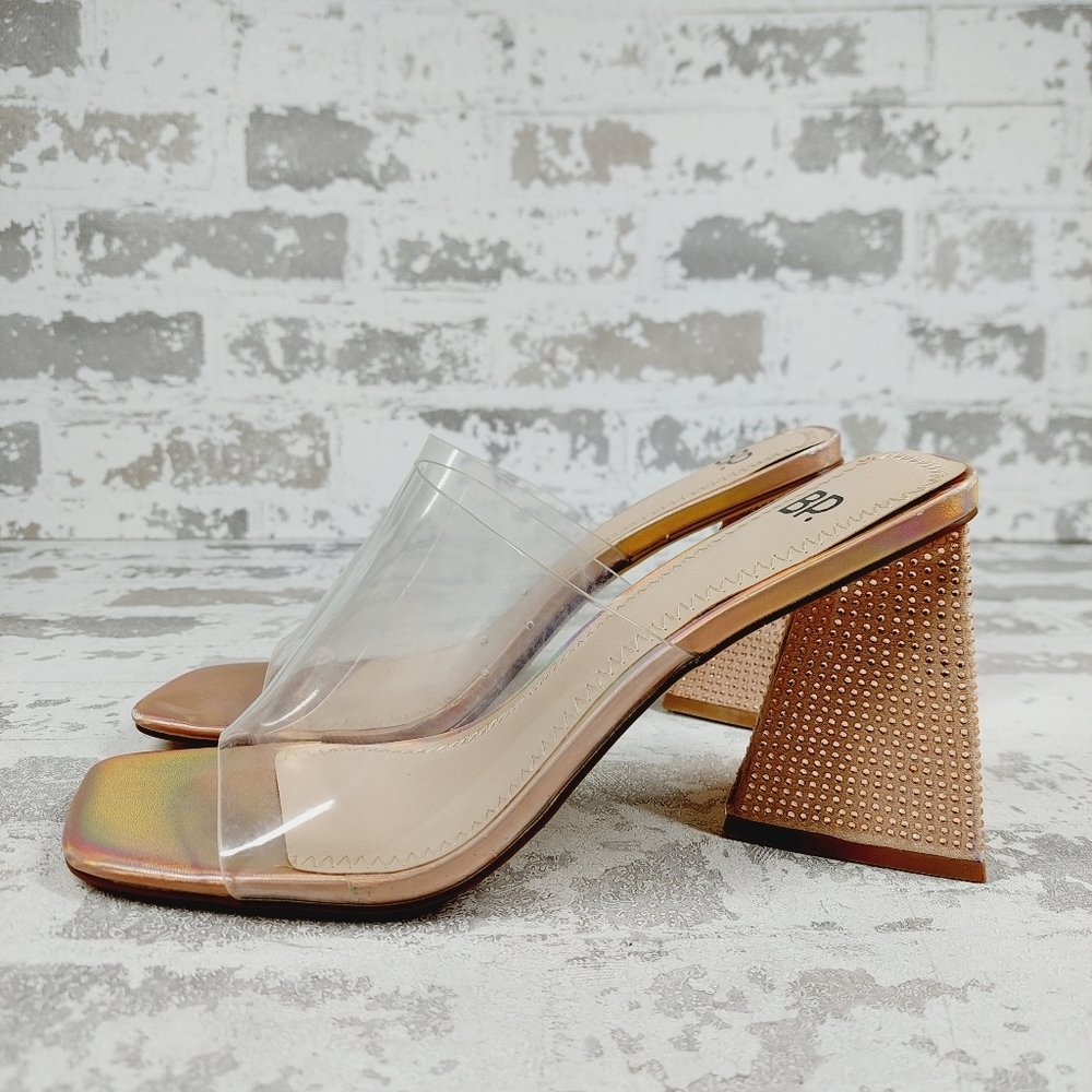 NEW BP Collins Tan Translucent Strap Rhinestone Triangle Heel Sandals W1099